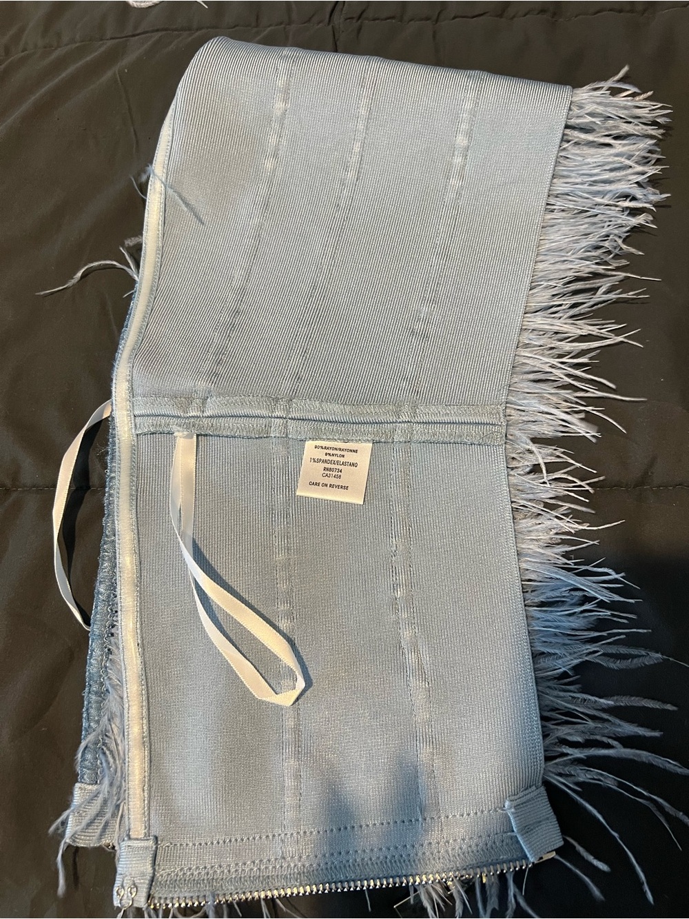 Light Blue Feather-Trim Strapless Crop Top - Picture 3 of 5